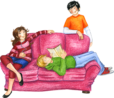 Sophie, Tobi und Gottfried auf dem Sofa
